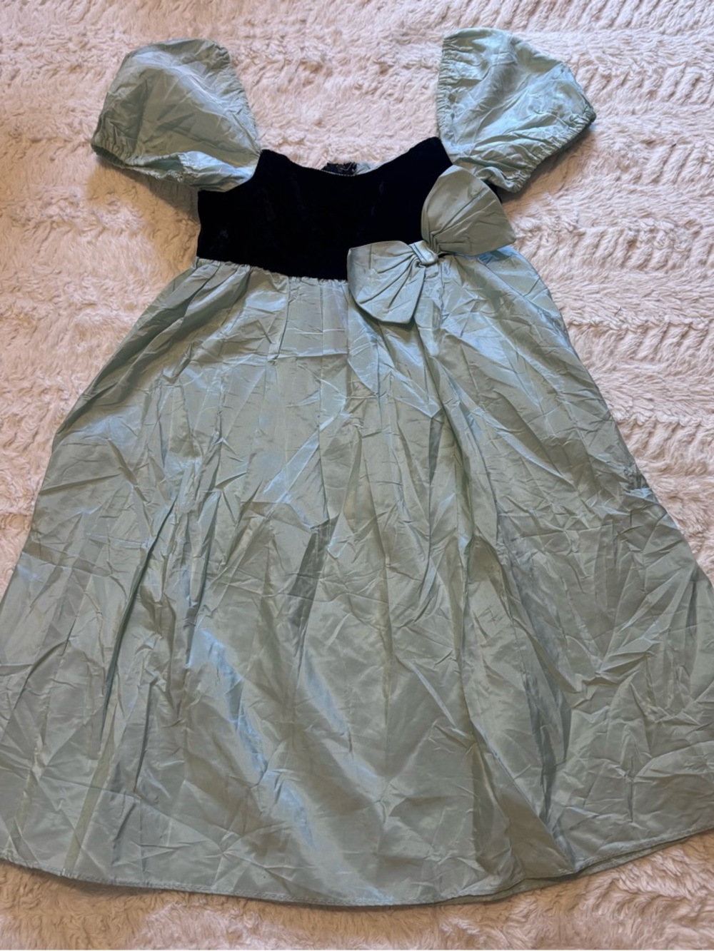 VTG 70s Union Made Girls Blue Taffeta Velvet Party Dress Puff Sleeve Bow Ariel